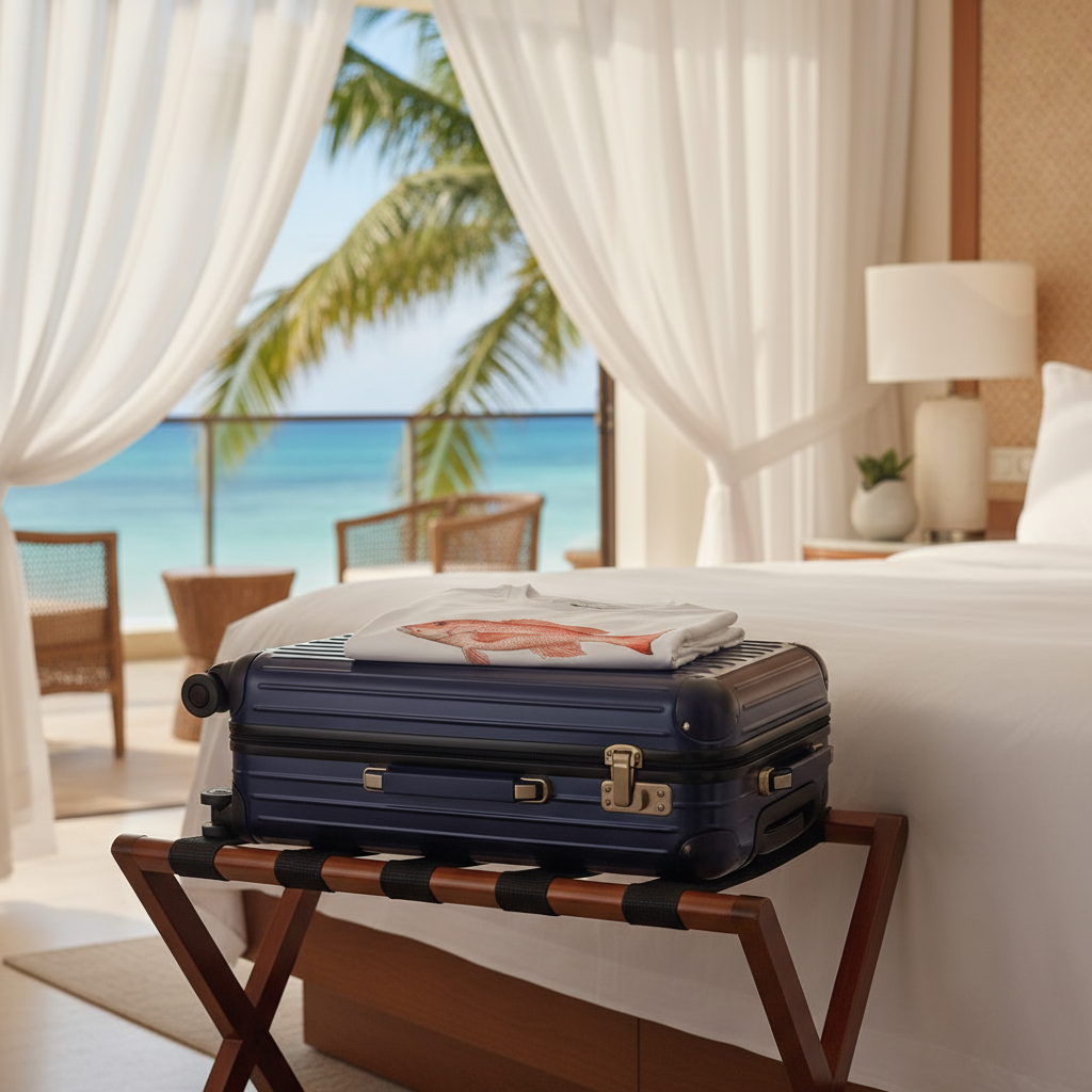 White t-shirt with a red fish graphic on the back against a white background