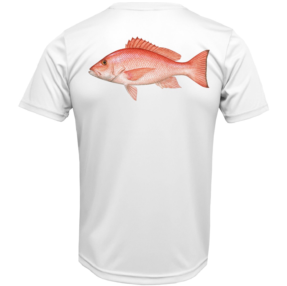 White t-shirt with a red fish graphic on the back against a white background