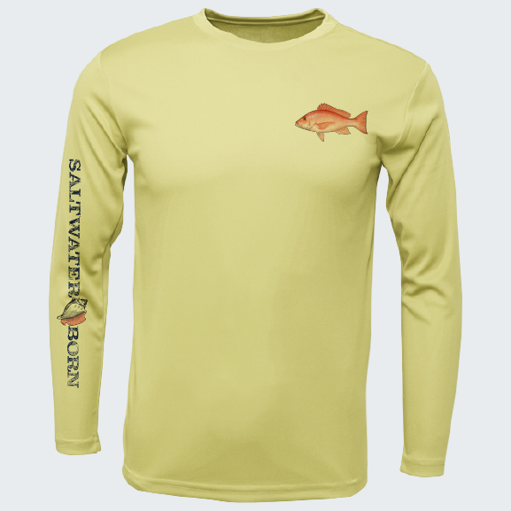 Yellow long-sleeve shirt with fish design and 'Saltwater Born' text on a white background