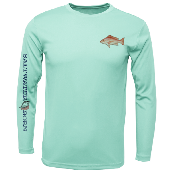 Mint green long-sleeve shirt with fish design and 'Saltwater Born' text on a white background