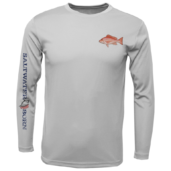 Gray long-sleeve shirt with fish design and 'Saltwater Born' text on a white background