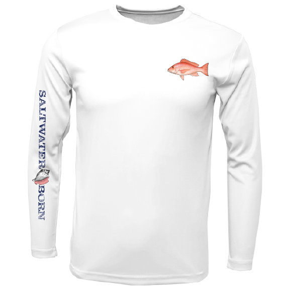 White long-sleeve shirt with fish graphics and 'Saltwater Born' text on a white background