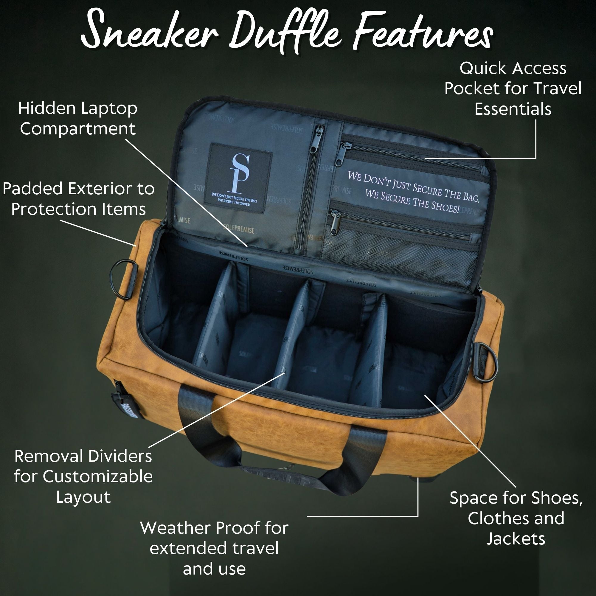 Sneaker duffle bag with features highlighted on a dark background
