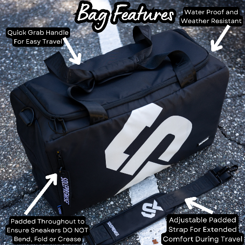 Black duffel bag with white logo on a textured surface, featuring text on bag features.