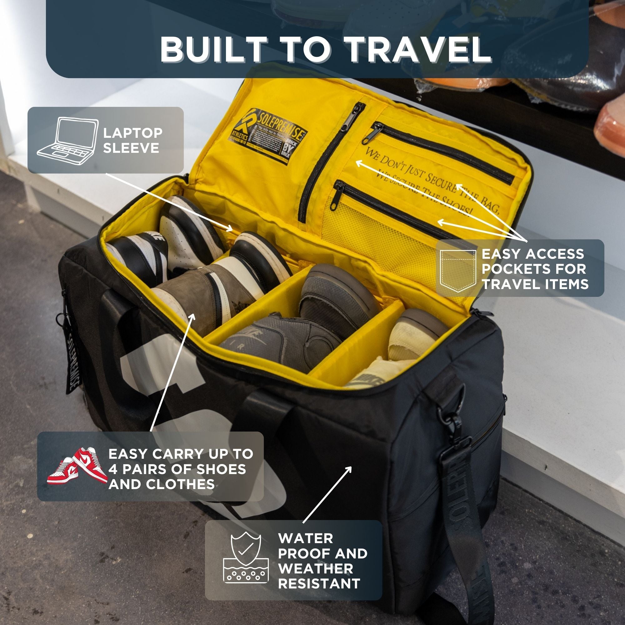 Black and yellow travel bag with shoe compartments, labeled features, and a laptop sleeve.
