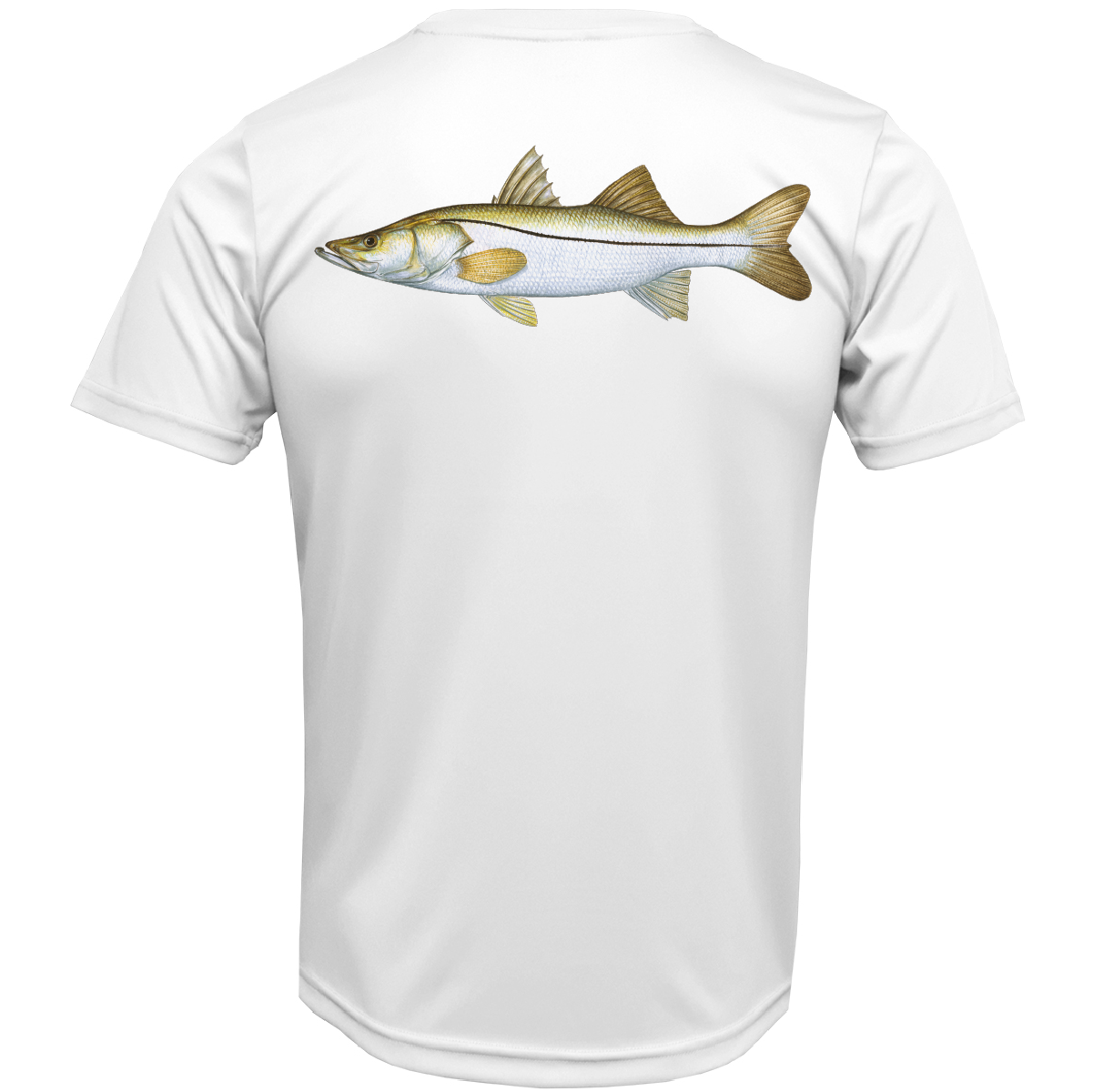 White t-shirt with a fish graphic on the back against a white background