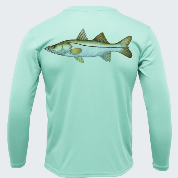 Mint green long-sleeve shirt with a fish graphic on the back against a white background