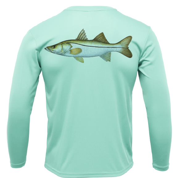 Mint green long-sleeve shirt with a fish graphic on the back against a white background