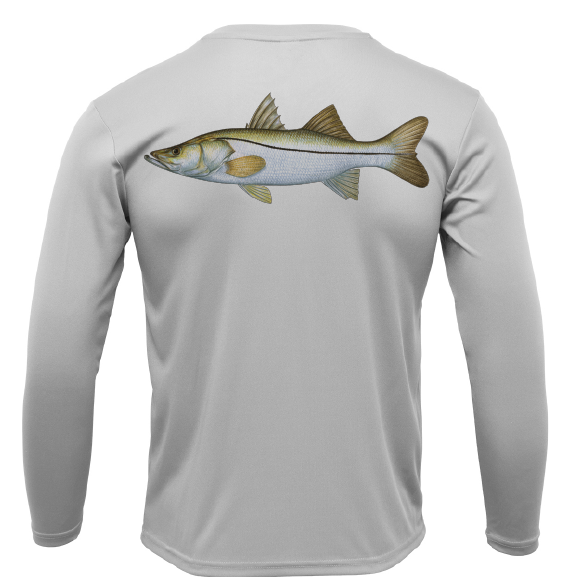 Gray long-sleeve shirt with a fish graphic on the back against a white background
