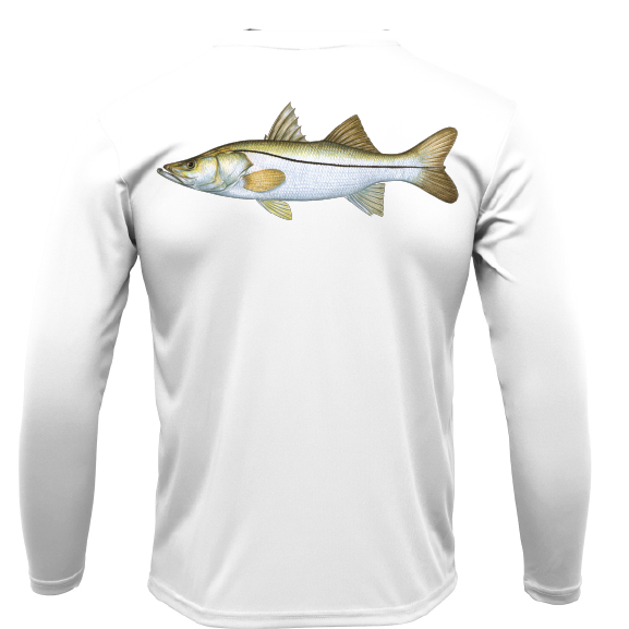 White long-sleeve shirt with a fish graphic on the back