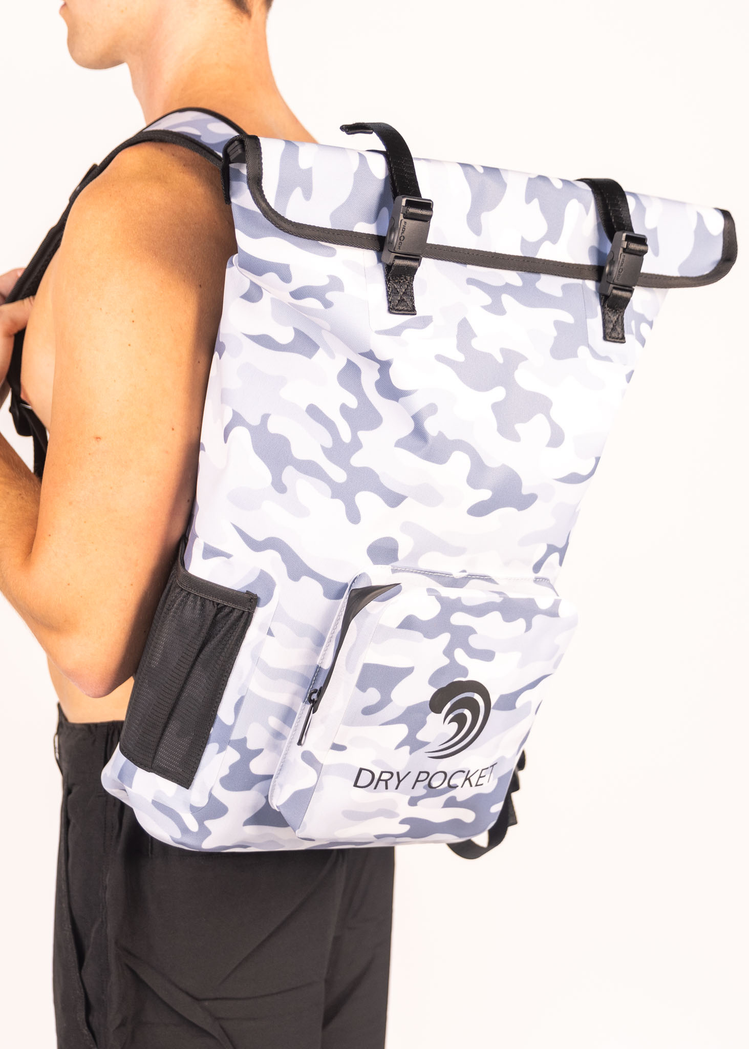 Person wearing a white camouflage backpack with a visible brand logo on a white background