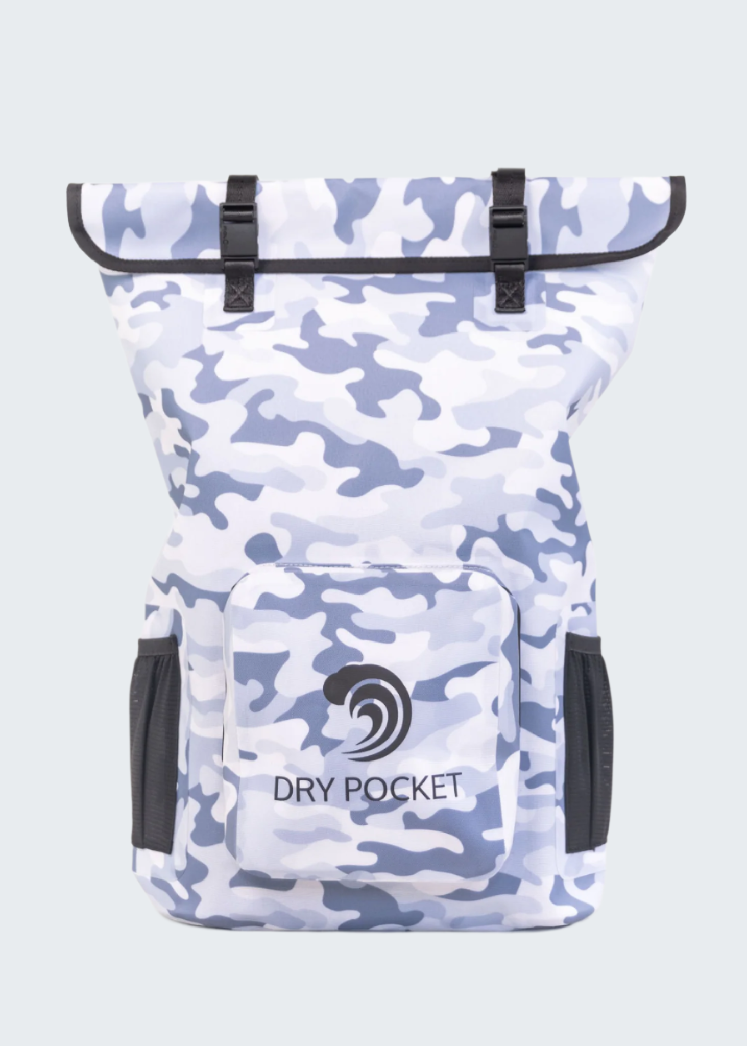 Camouflage-patterned backpack with 'Dry Pocket' branding on a white background