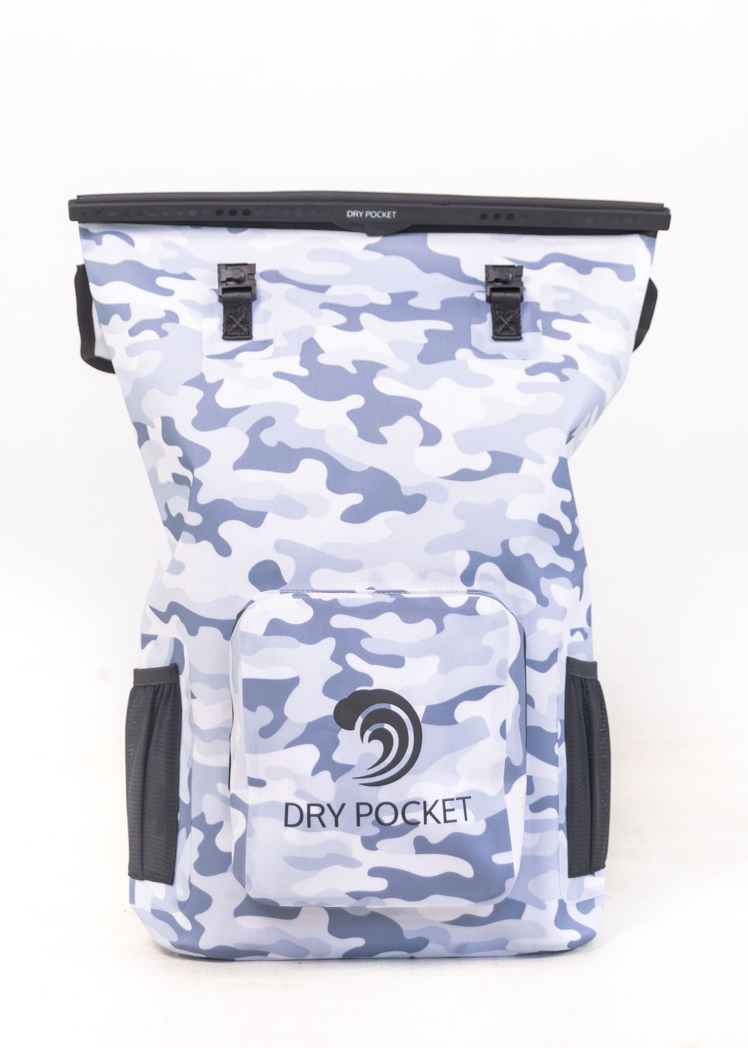 White camouflage backpack with 'Dry Pocket' branding on a white background