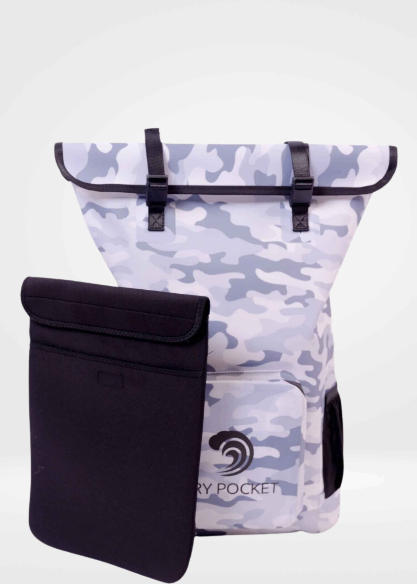 White camouflage backpack with black pocket on a white background