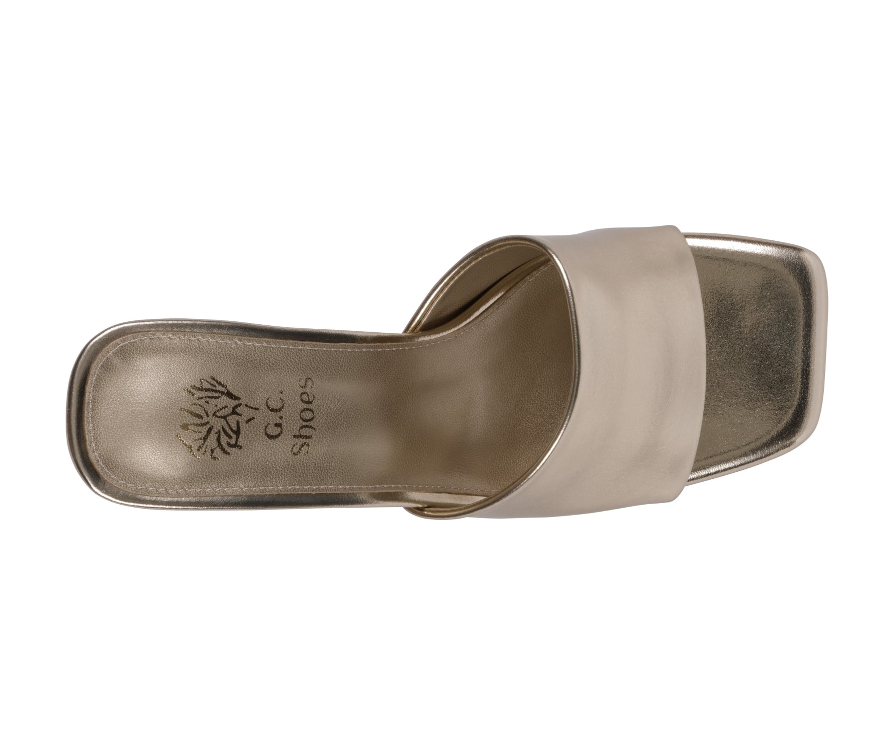 Beige sandal with 'G.C. Shoes' logo on a white background