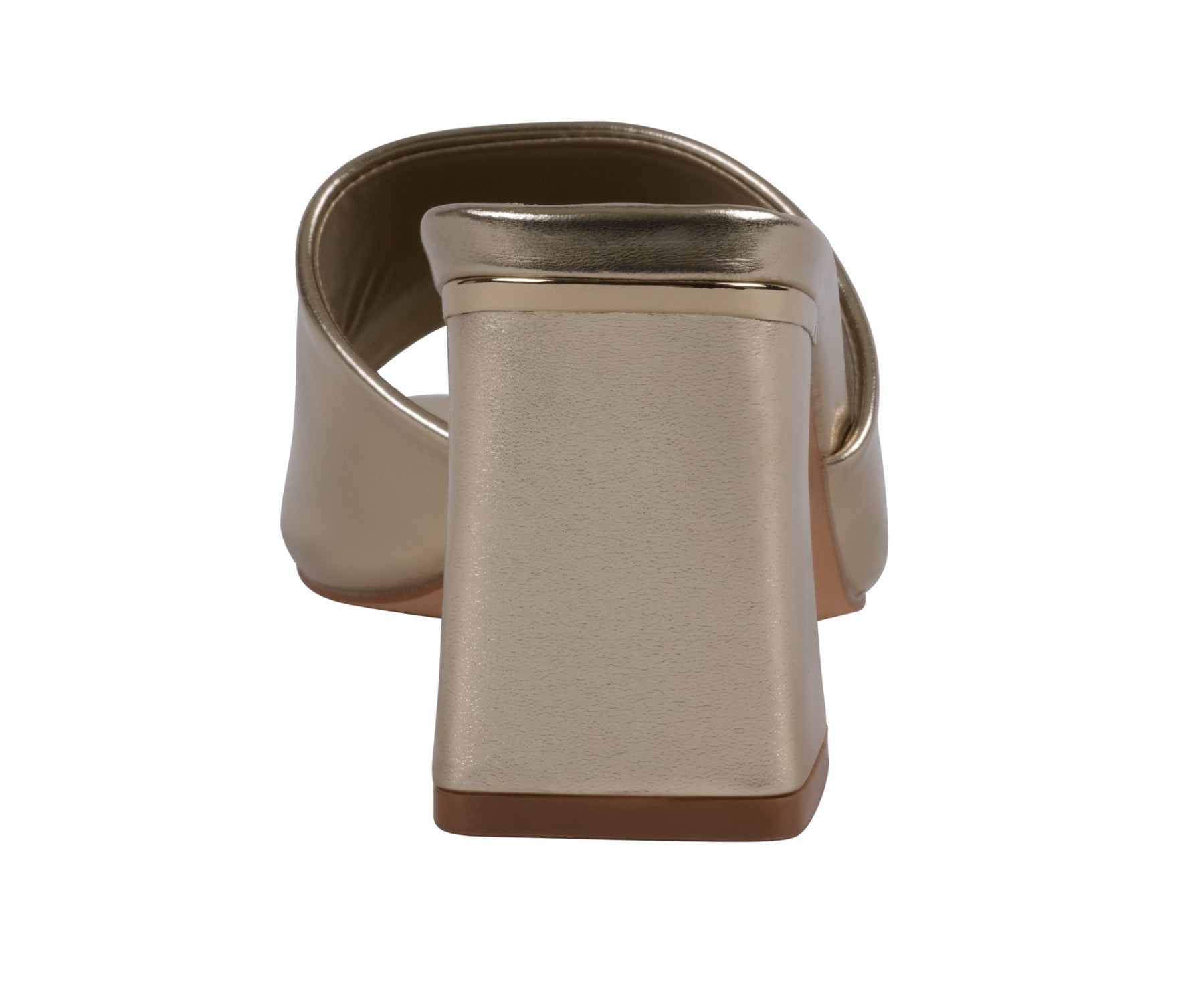 Metallic sandal with a high block heel on a white background