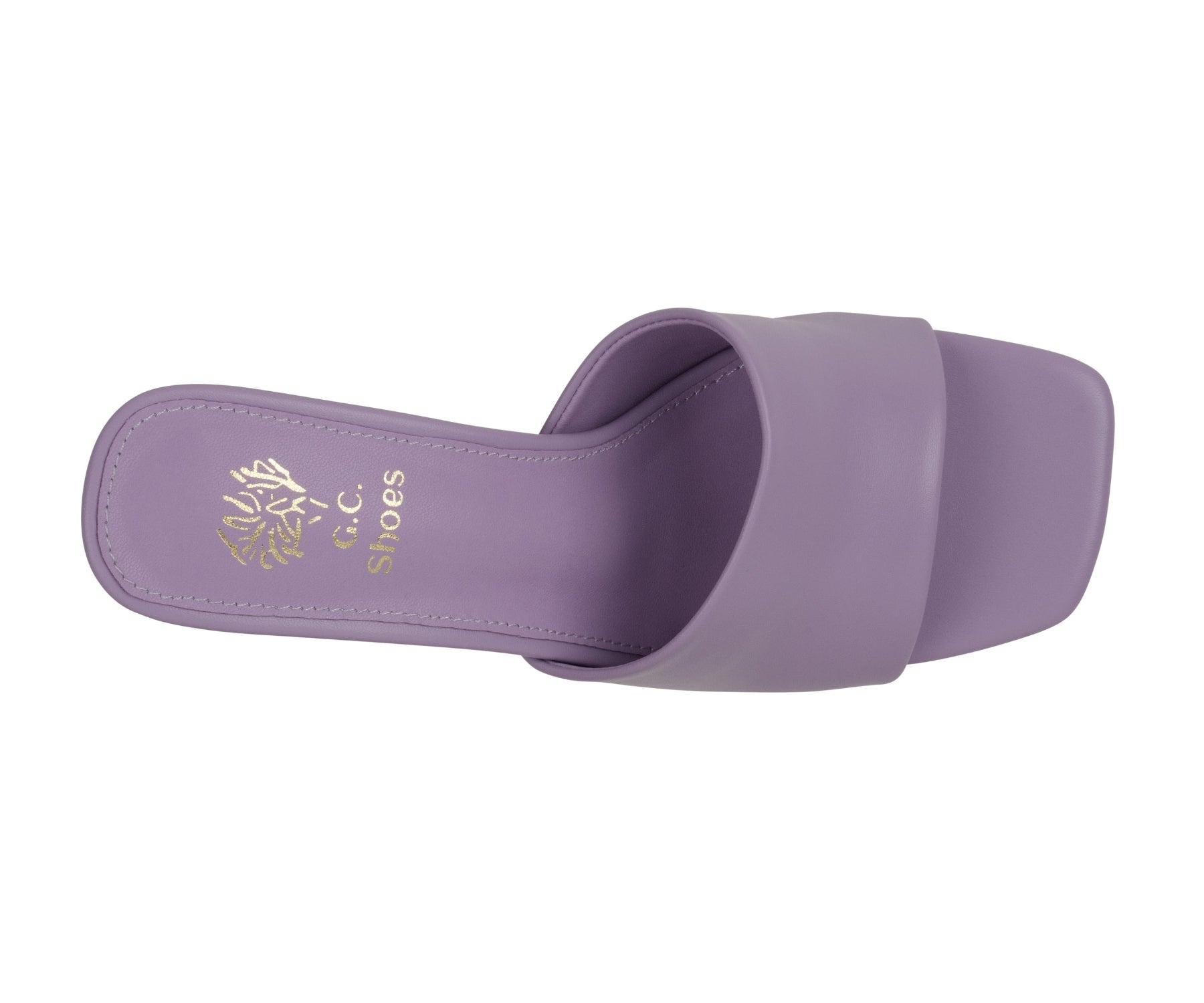 Purple slide sandal with 'C.C Shoes' logo on a white background
