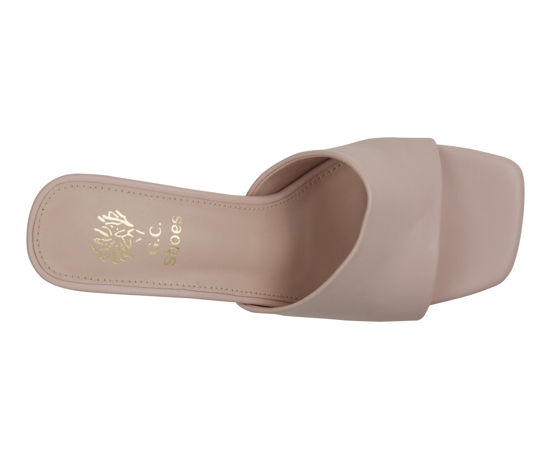 Beige sandal with a brand logo on a white background