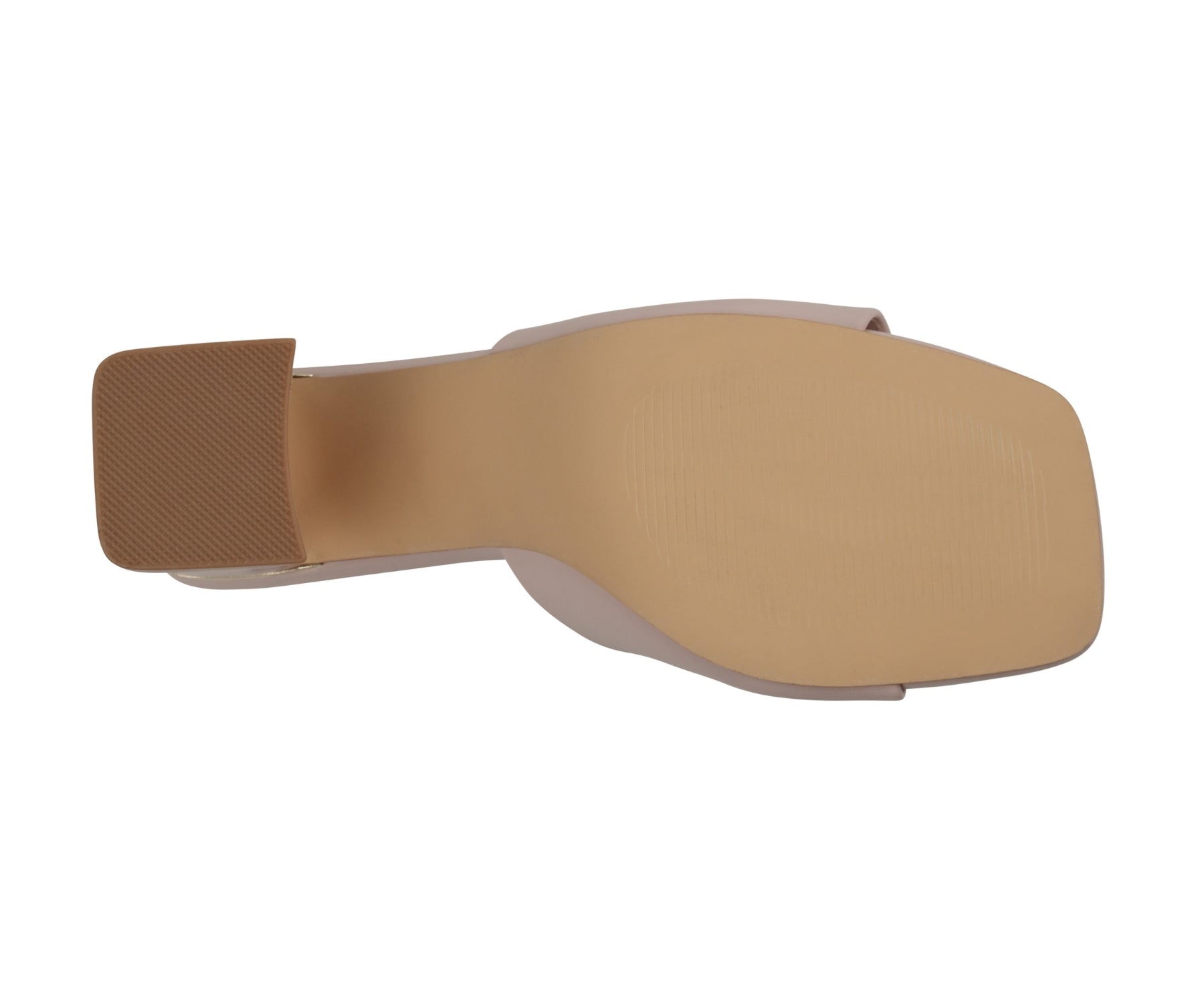 Close-up of a sandal sole with beige insole on a white background