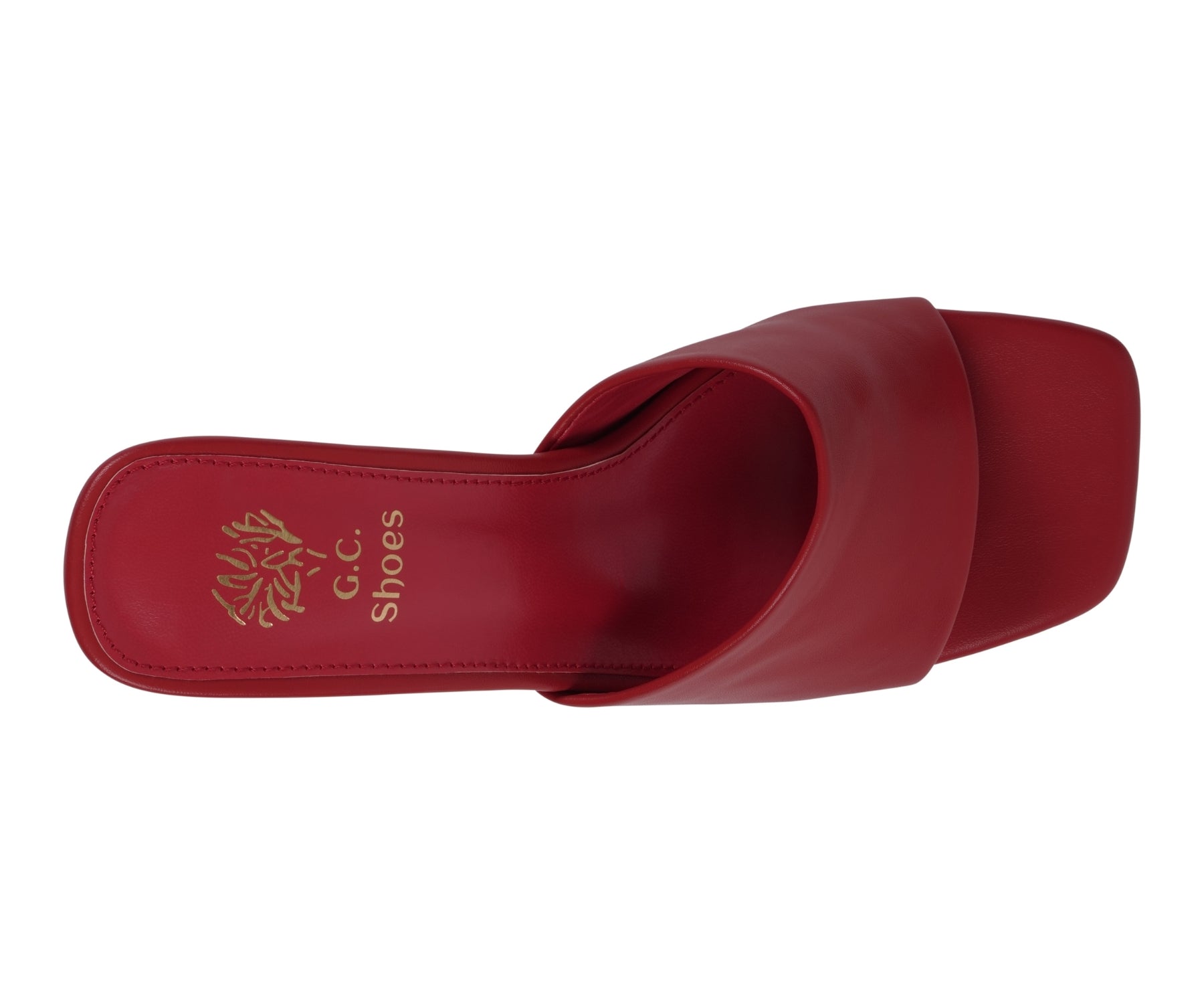 Red sandal with 'G.C. Shoes' logo on a white background