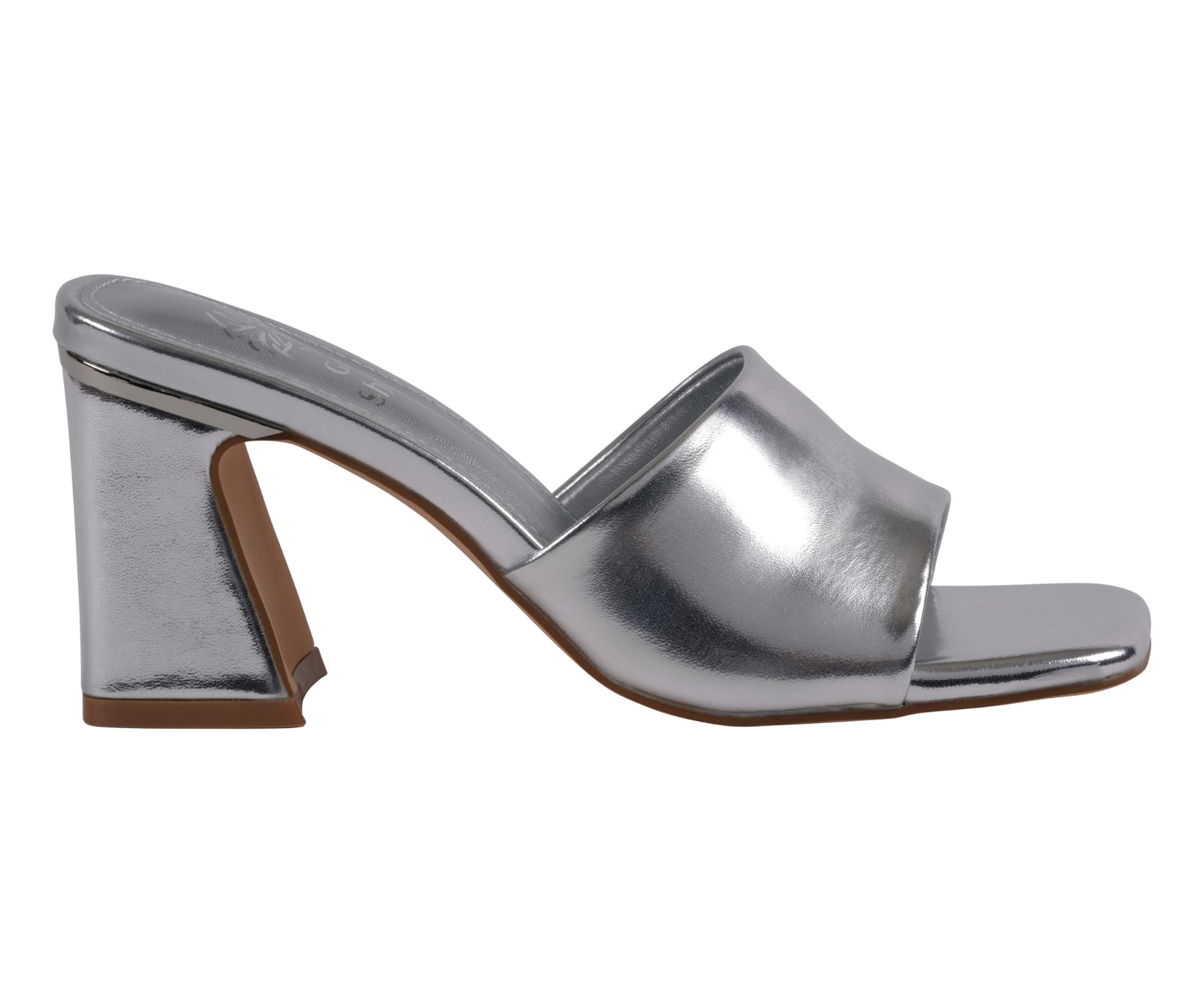 Silver metallic high-heeled sandal on a white background