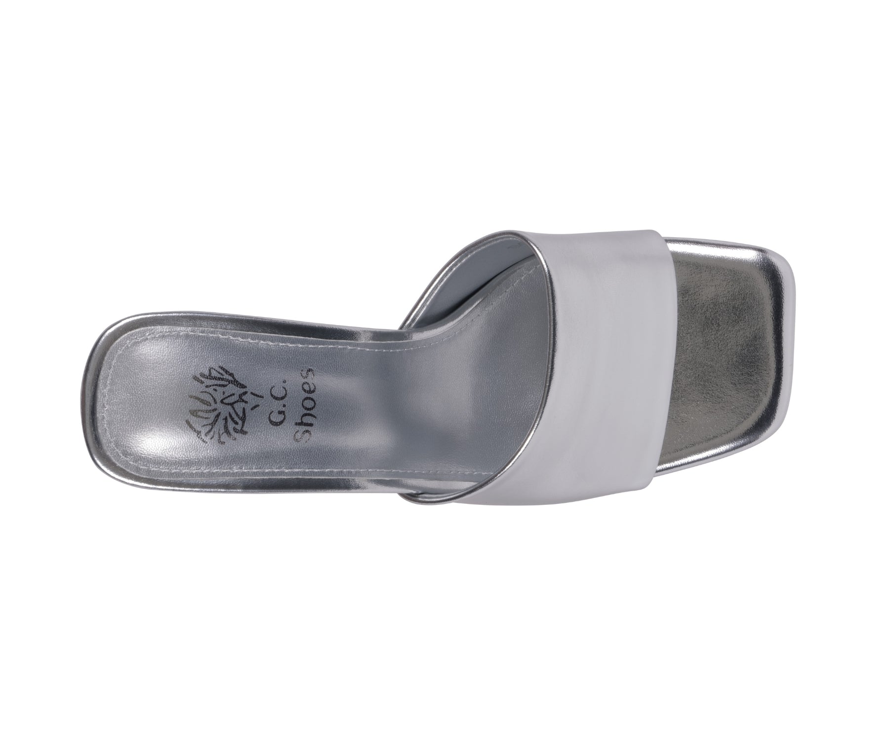 Silver sandal with a strap on a white background