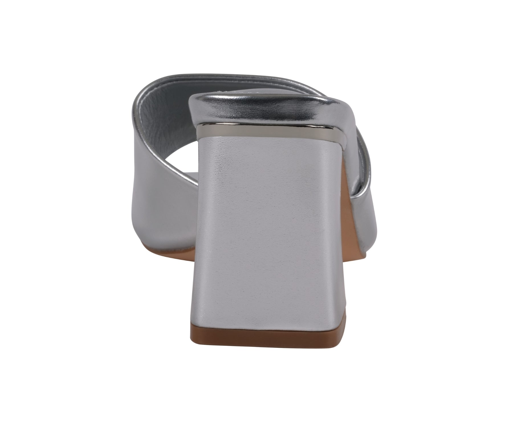 Silver belt buckle with a brown leather strap on a white background