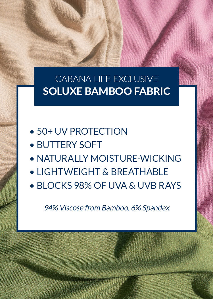 Text overlay on fabric showing features of Cabana Life Soluxe Bamboo Fabric.