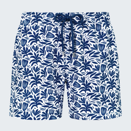 Blue and white patterned shorts on a white background