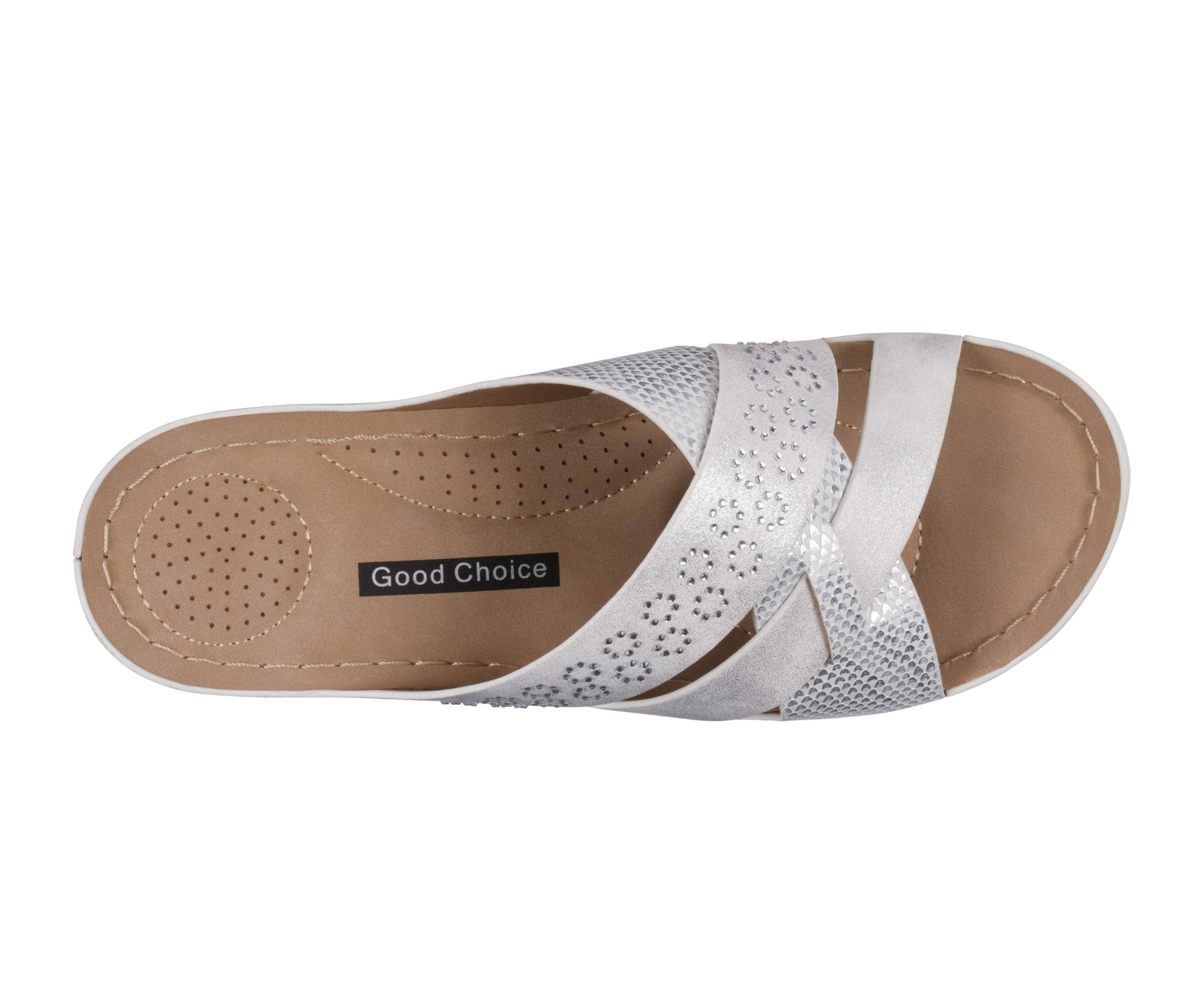 White sandal with 'Good Choice' branding on a white background
