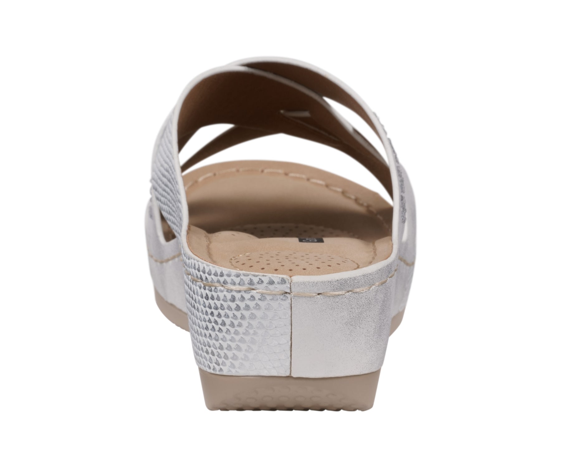 White sandal with beige sole on a white background