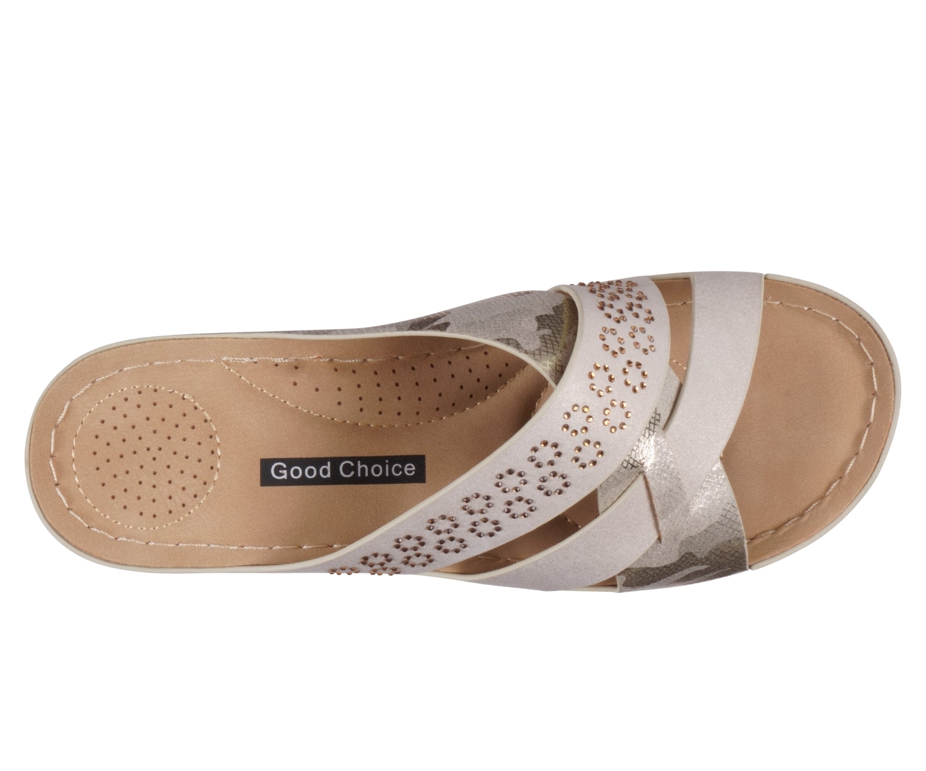 White sandal with gold accents on a white background, featuring 'Good Choice' branding.