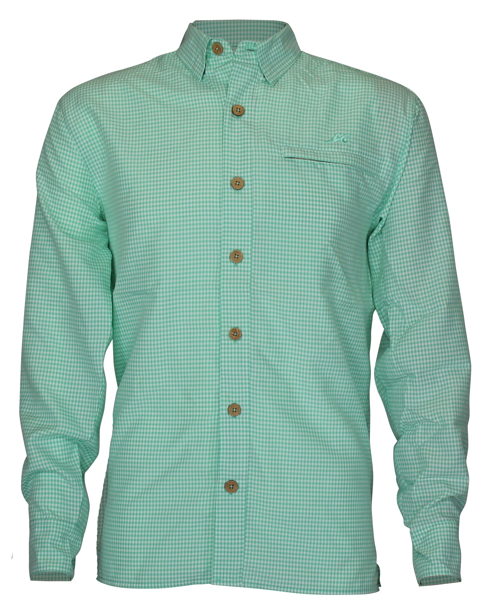 Green checkered shirt with brown buttons on a white background