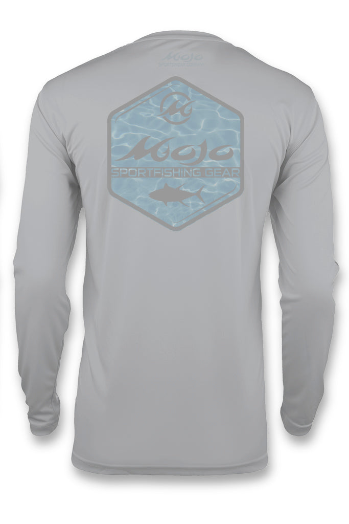Gray long-sleeve shirt with a blue hexagonal logo on the back, featuring a fish design.