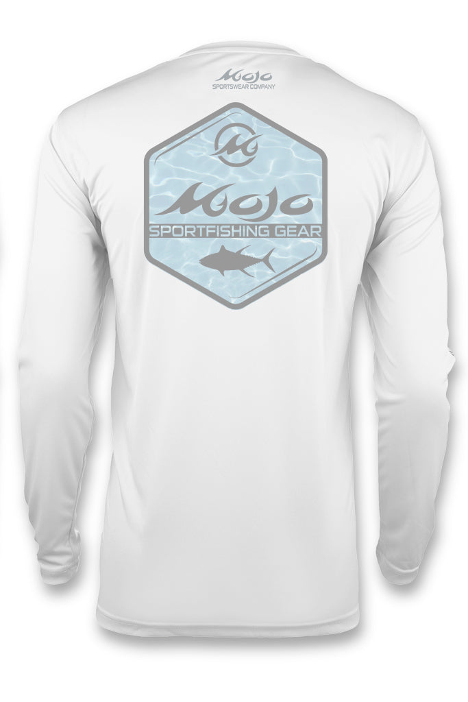 White long-sleeve shirt with a blue logo on the back, featuring the 'Mojo' brand.