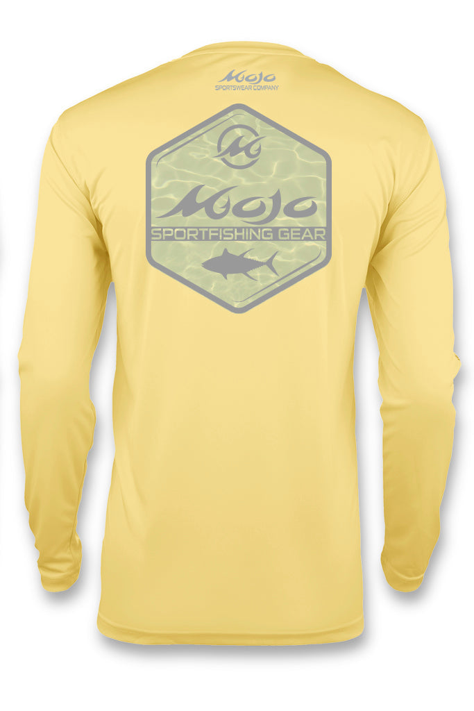 Yellow long-sleeve shirt with a logo on the chest against a white background