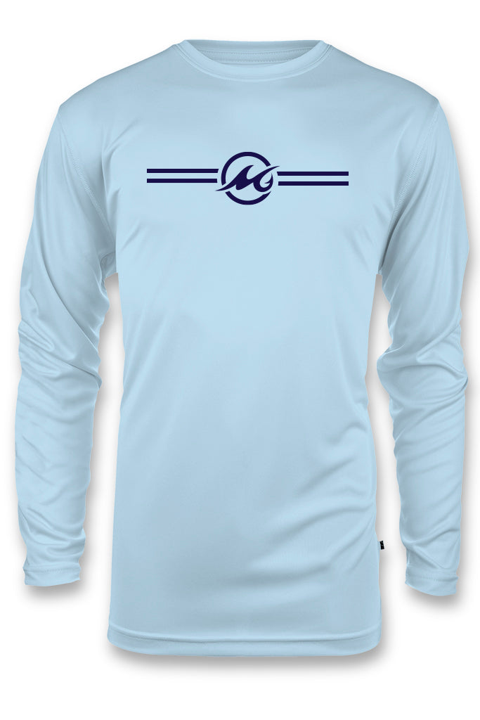 Light blue long-sleeve shirt with a logo on a white background