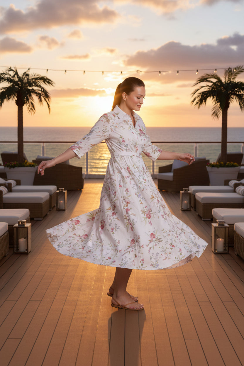 Woman wearing a floral dress on a white background