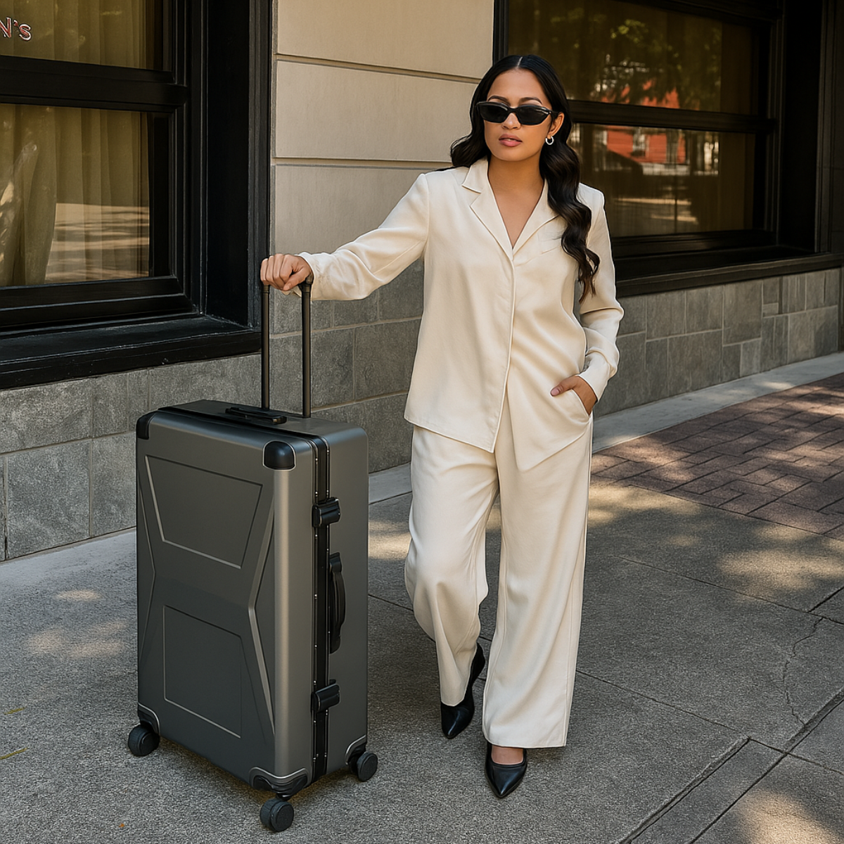 Woman in a white suit standing next to a gray suitcase on a sidewalk.