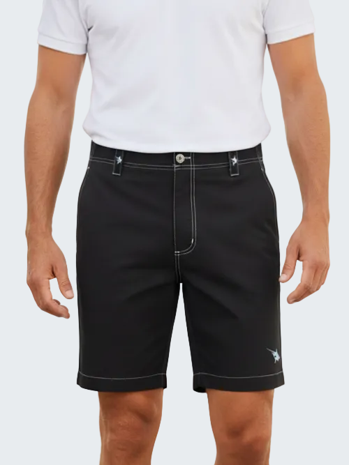 Person wearing black shorts with a brand logo on a white background
