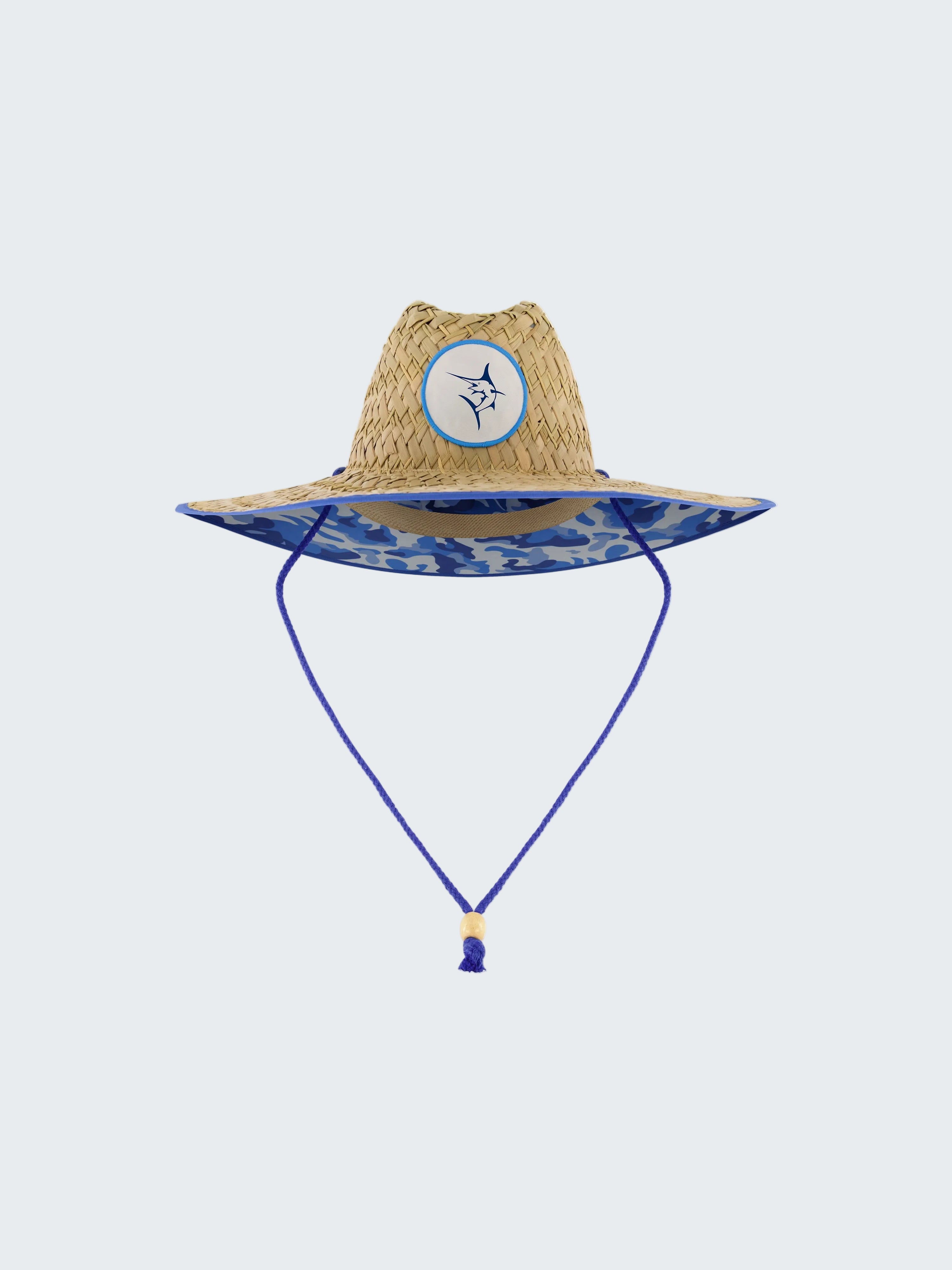 Straw hat with a blue band and logo on a white background