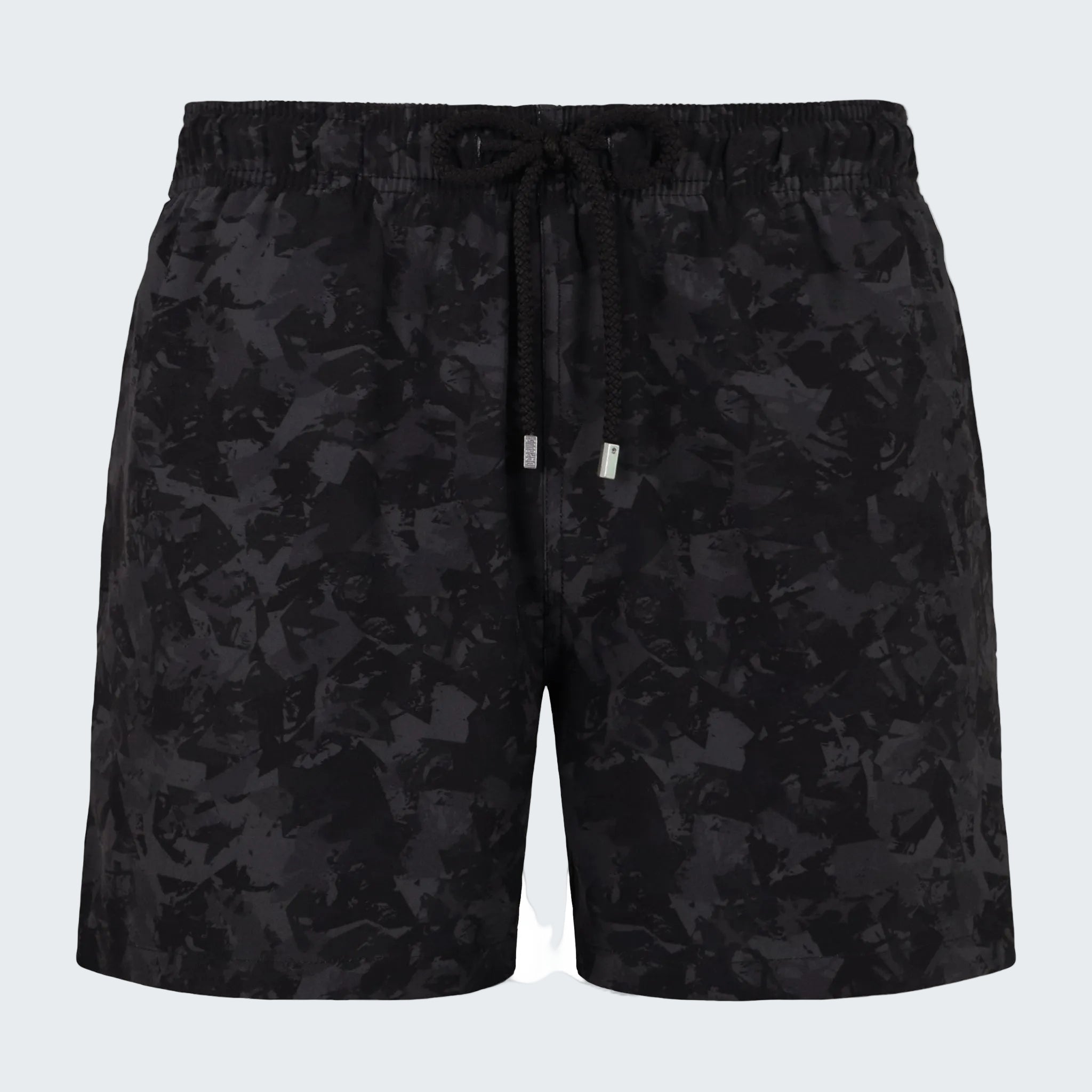Black camouflage shorts on a white background