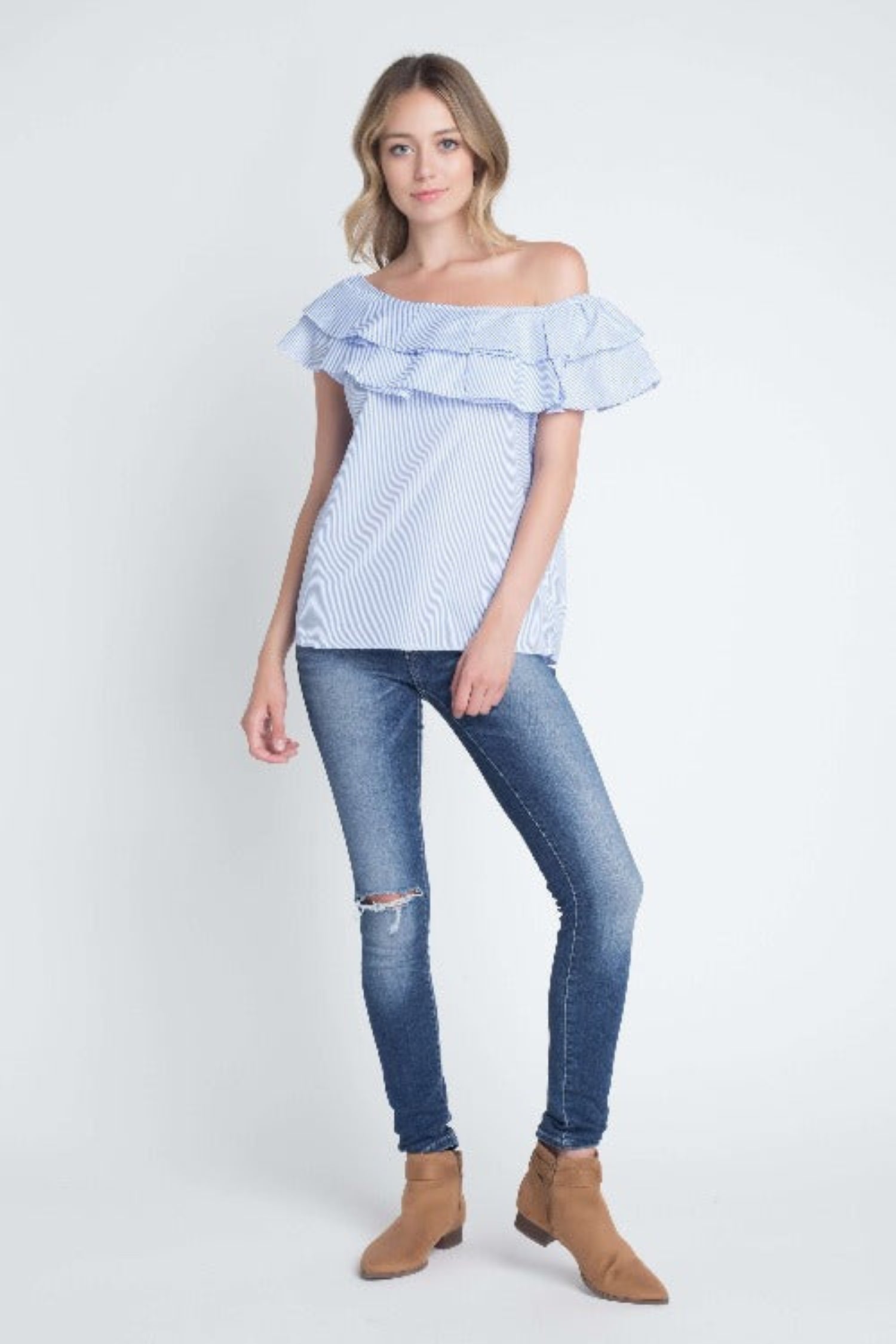 Striped Off Shoulder Ruffle Stripe Blouse