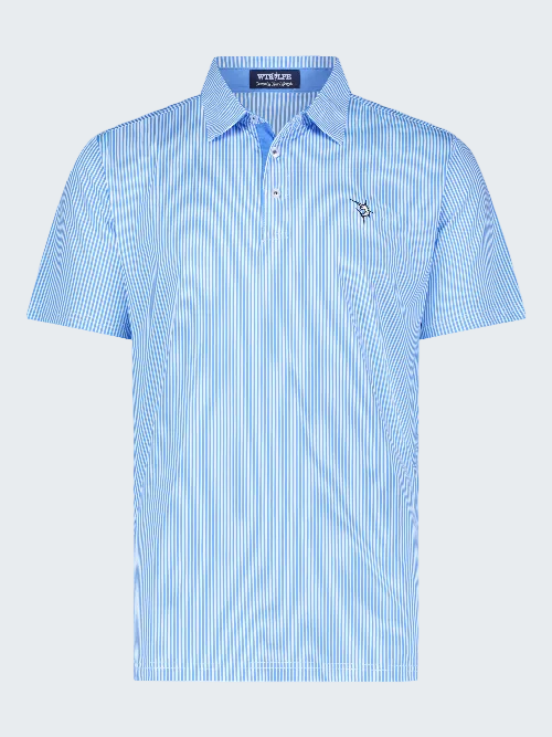 Blue striped polo shirt with a small logo on a white background