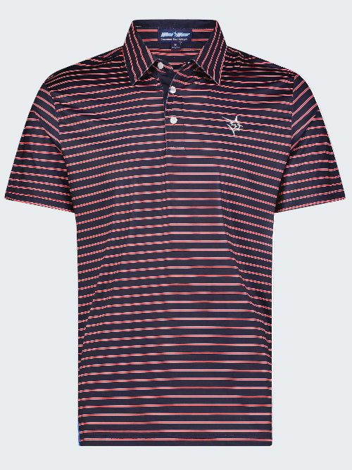 Navy and red striped polo shirt with a logo on a white background