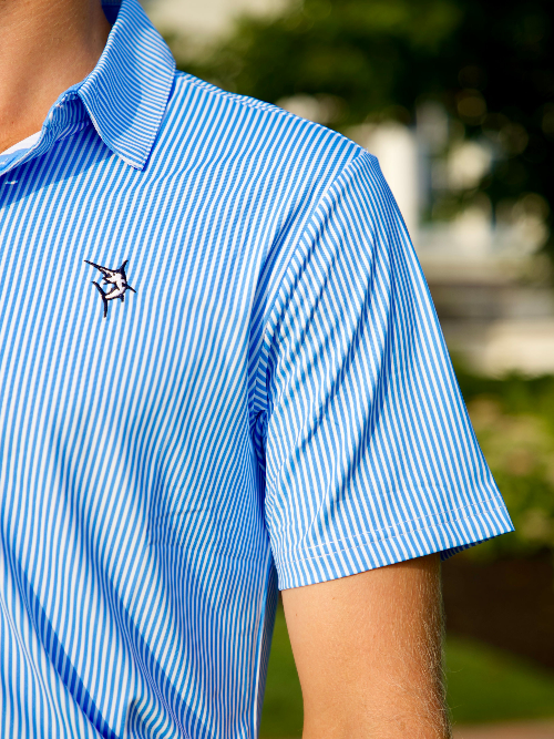 Blue and white striped polo shirt with a logo on a blurred outdoor background