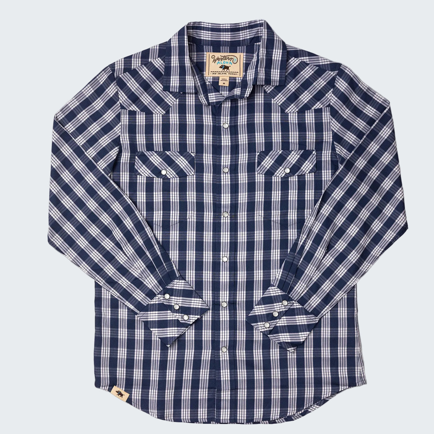Navy and white checkered shirt with brand label on a white background