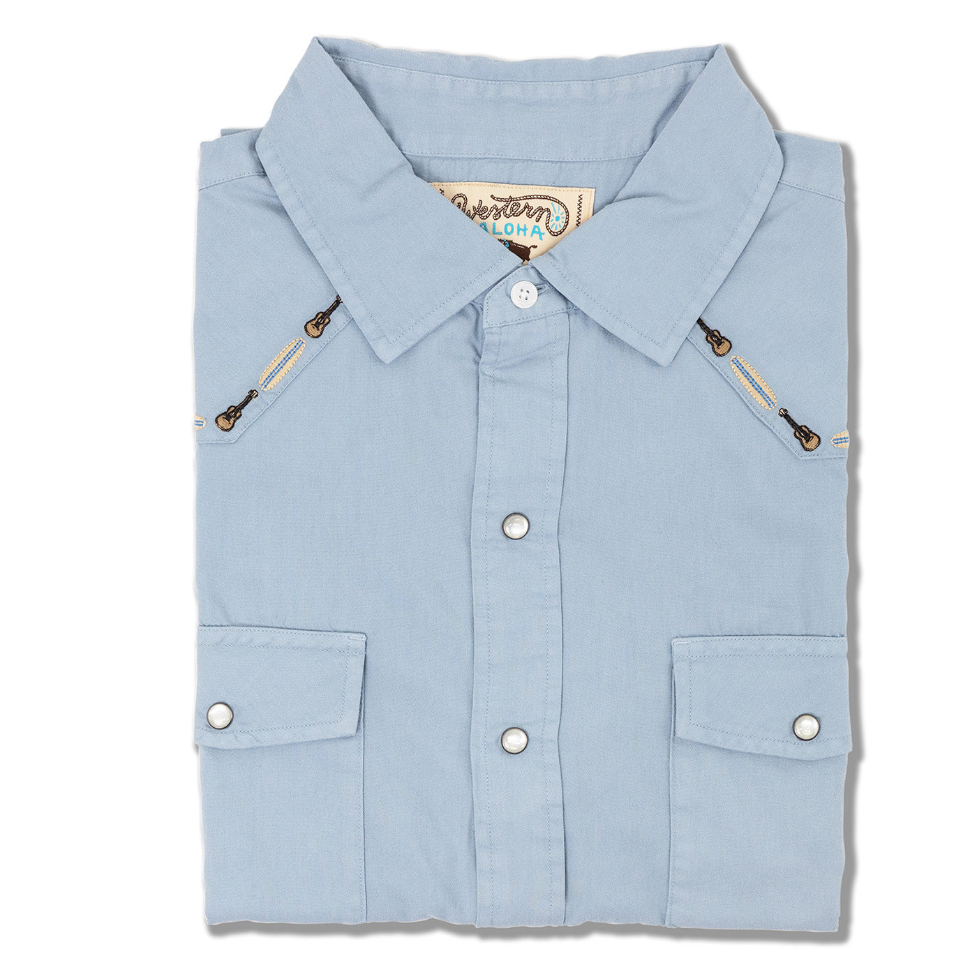 Light blue shirt with zipper details on a white background