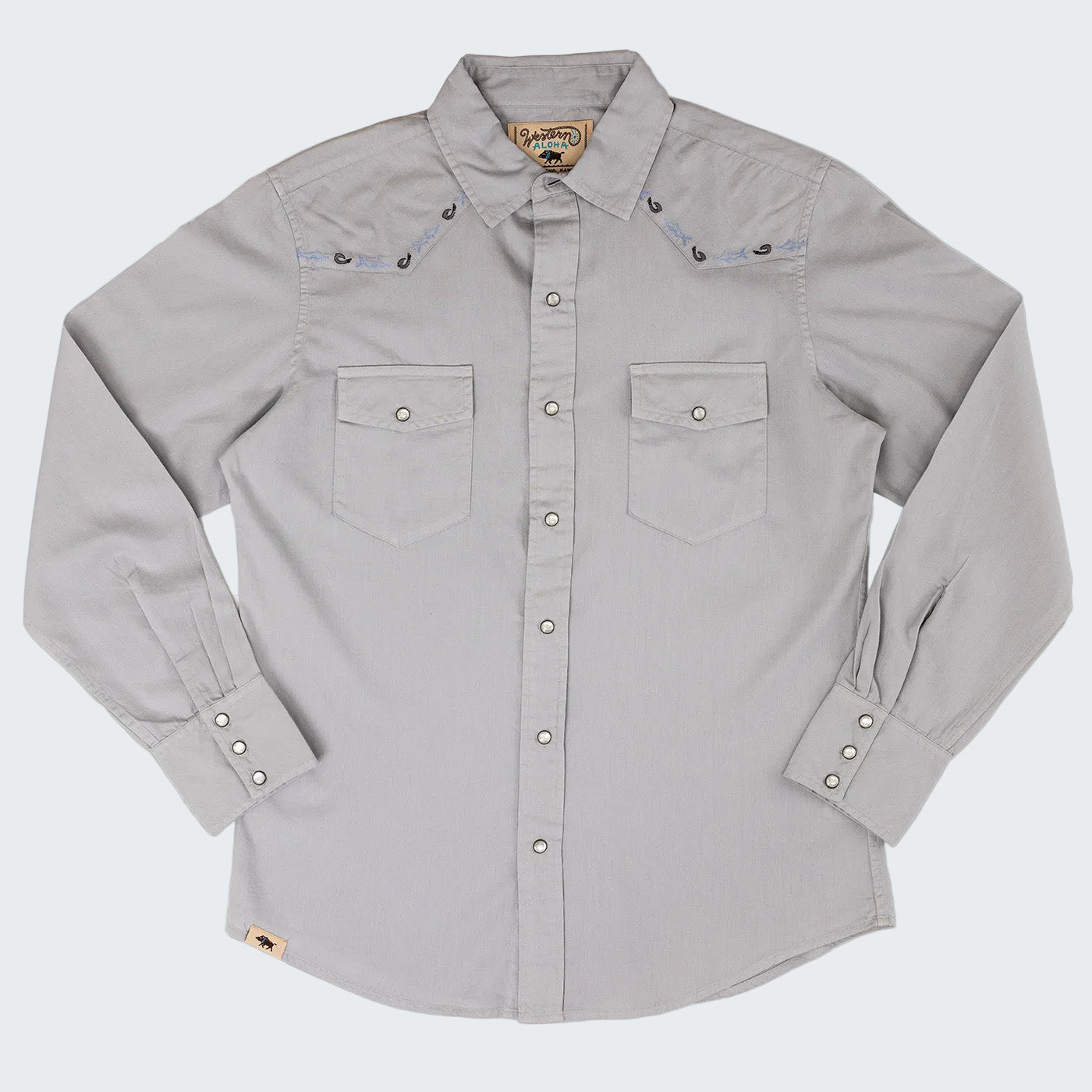Gray button-up shirt with brand logo on a white background