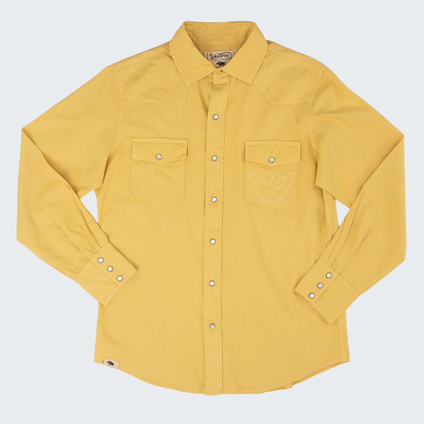 Yellow shirt with button details on a white background